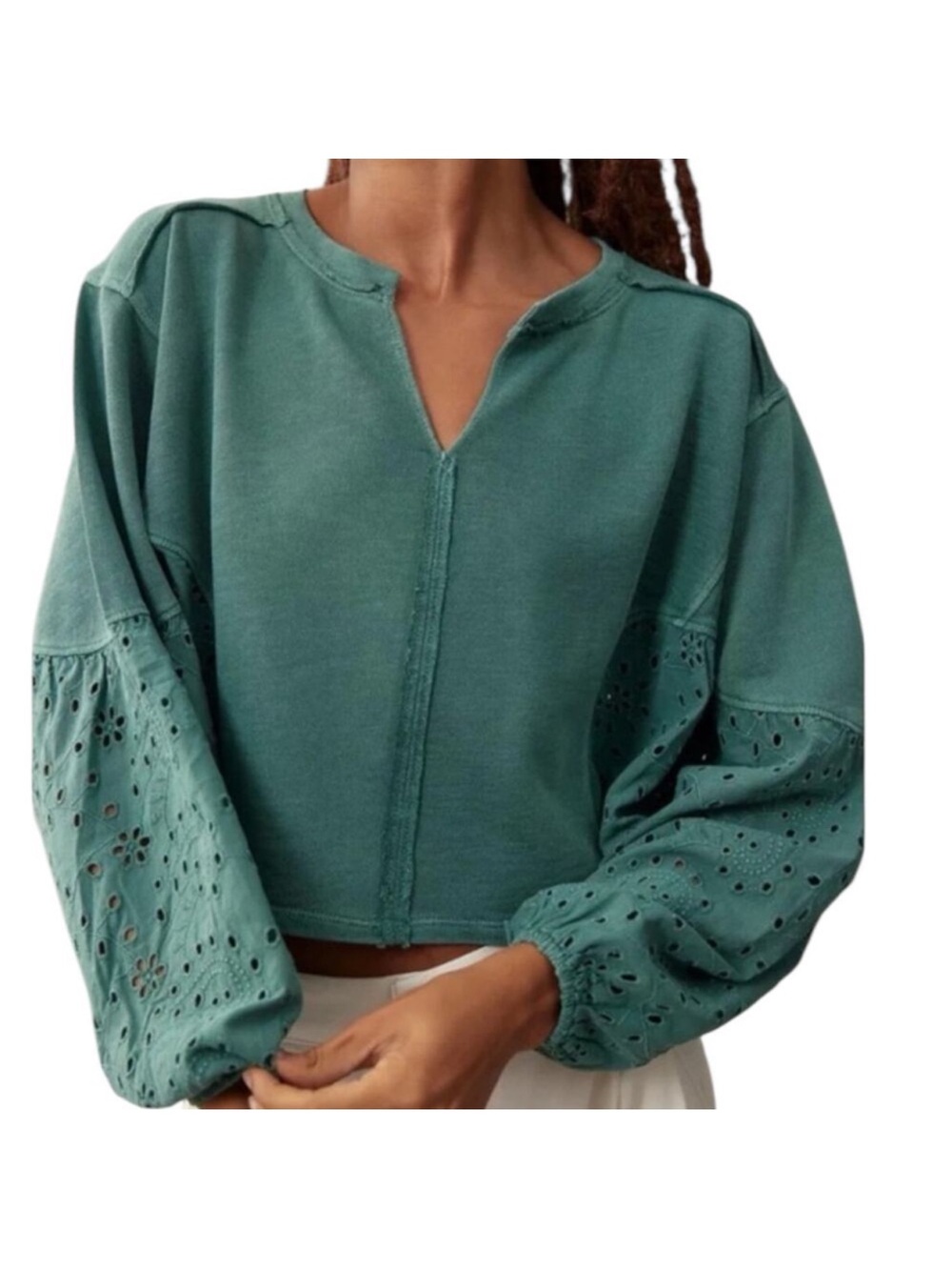 Pilcro by Anthropologie Batwing Eyelet cropped Sweatshirt small sage green